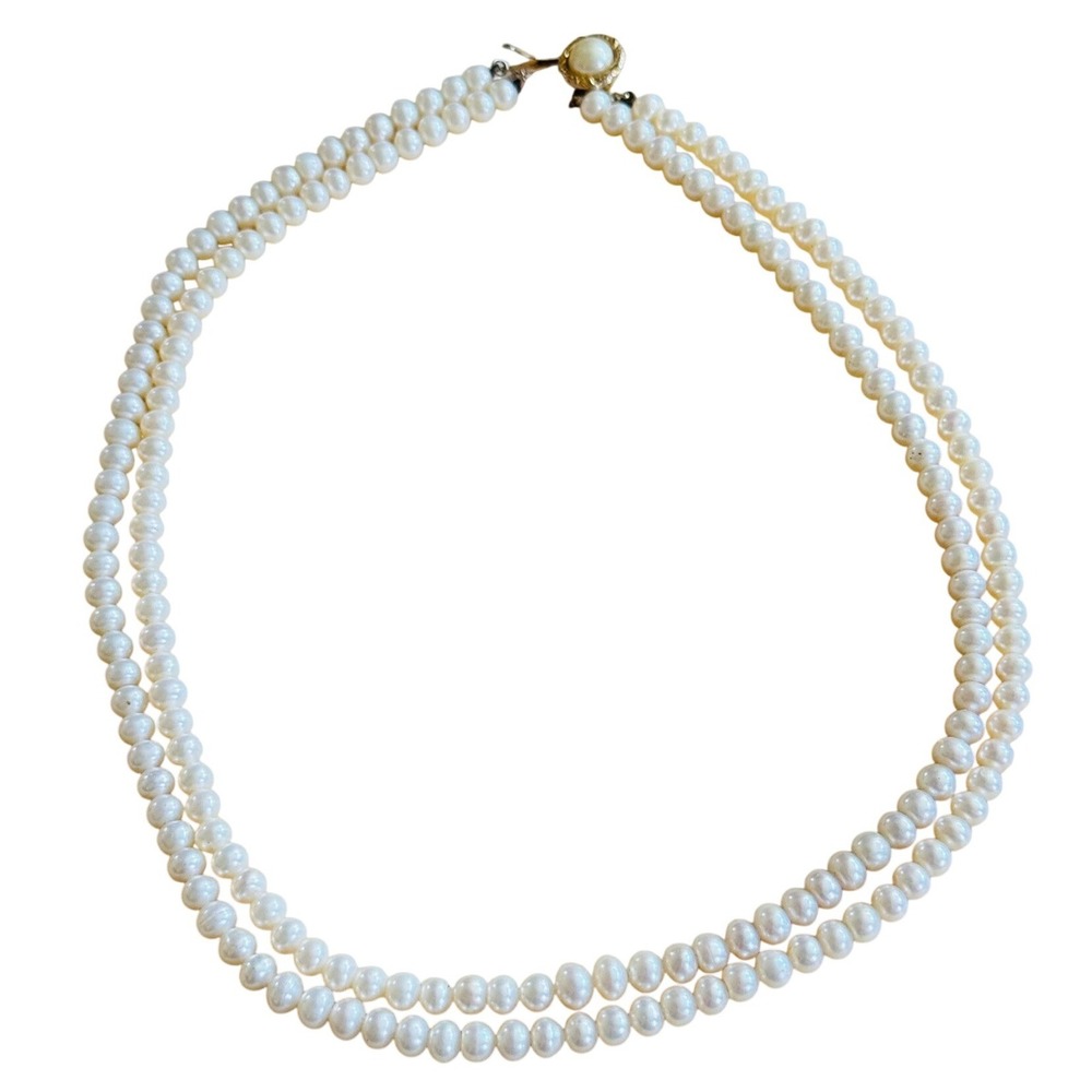 VTG Freshwater‎ White Pearl Beaded Necklace Multi 2 Rows Layered Authentic 17"